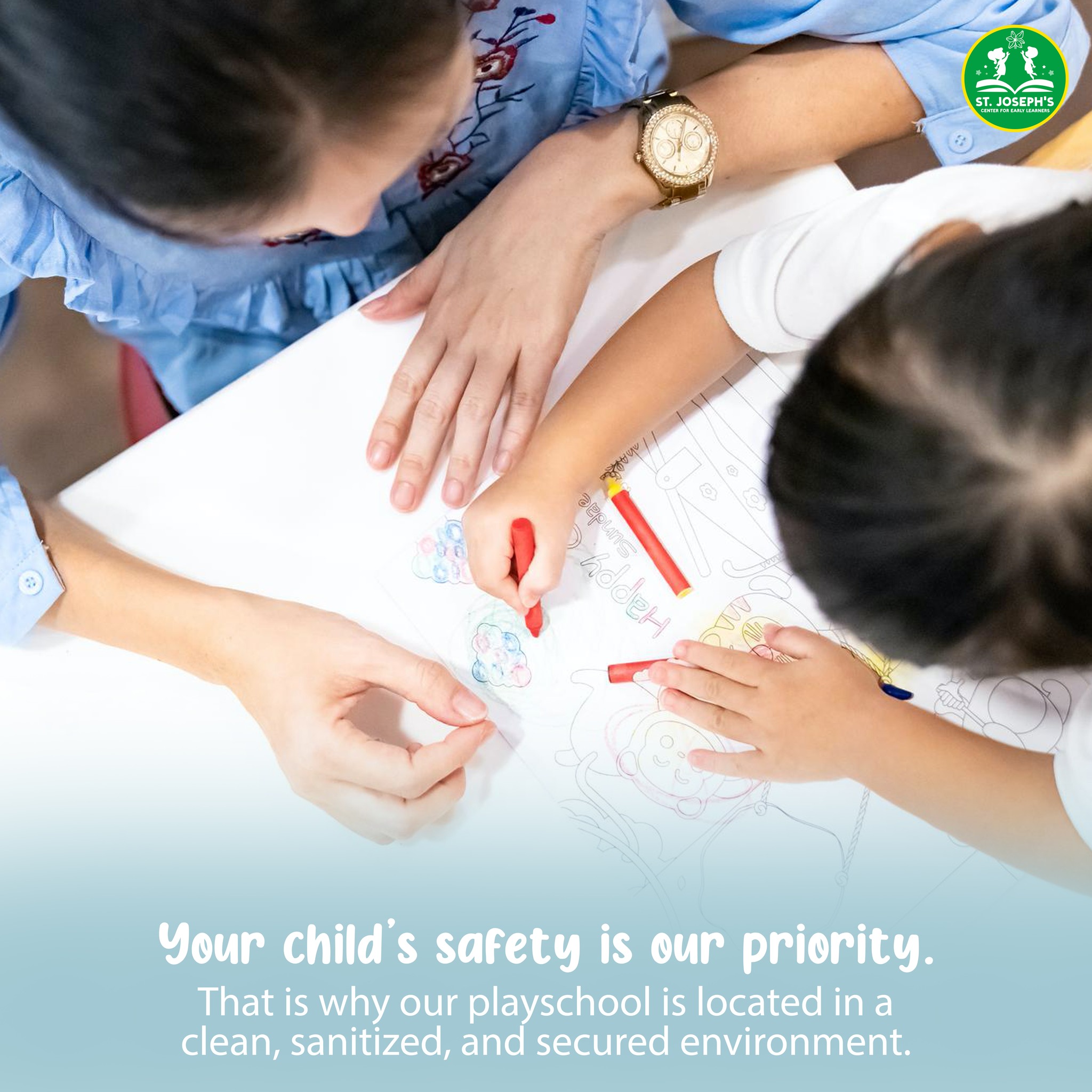 A teacher guiding a child during a coloring activity